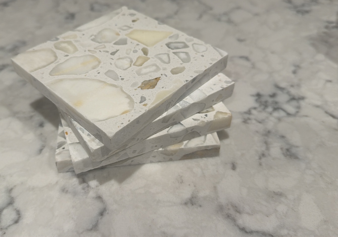 Handmade white terrazzo tile coasters